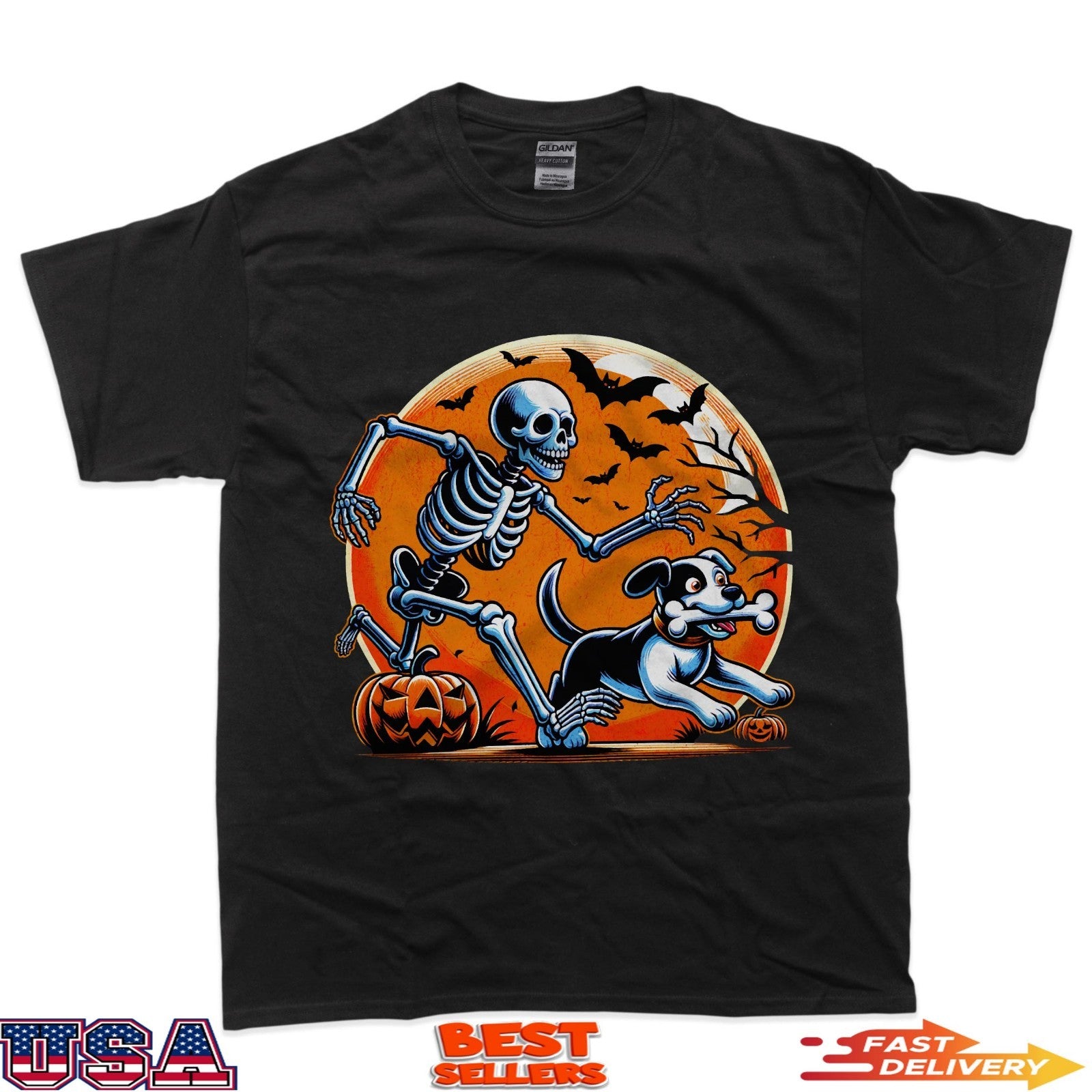 Funny Dog Lovers Spooky Humor Halloween Skeleton Chasing Dog T-Shirt