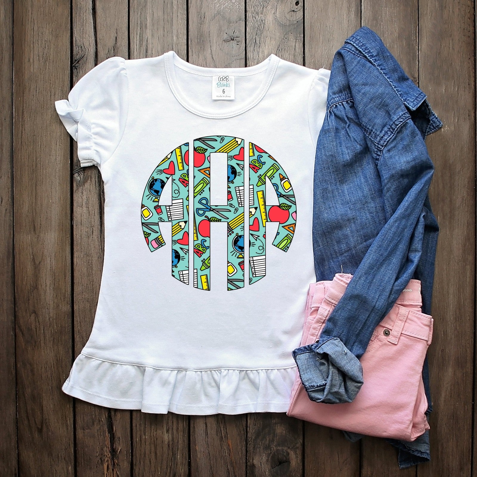 School Doodle Monogram Tee*Back to School*Sublimated