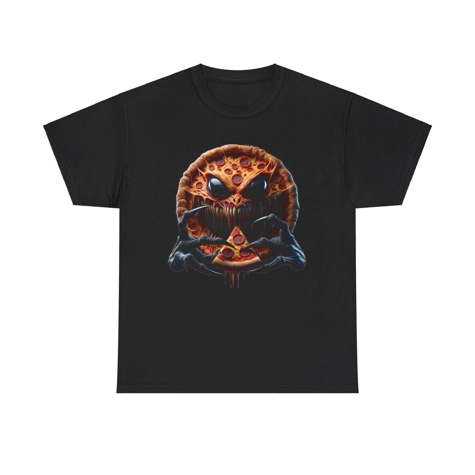 Unisex Adult T Shirt Horror Scary Pizza Eating Pizza Funny Food Lover Metal Tee