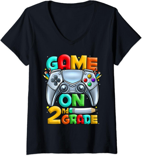 Game On 2nd Grade Back To School Level Unlocked Gift Ladies' V-Neck Tshirt