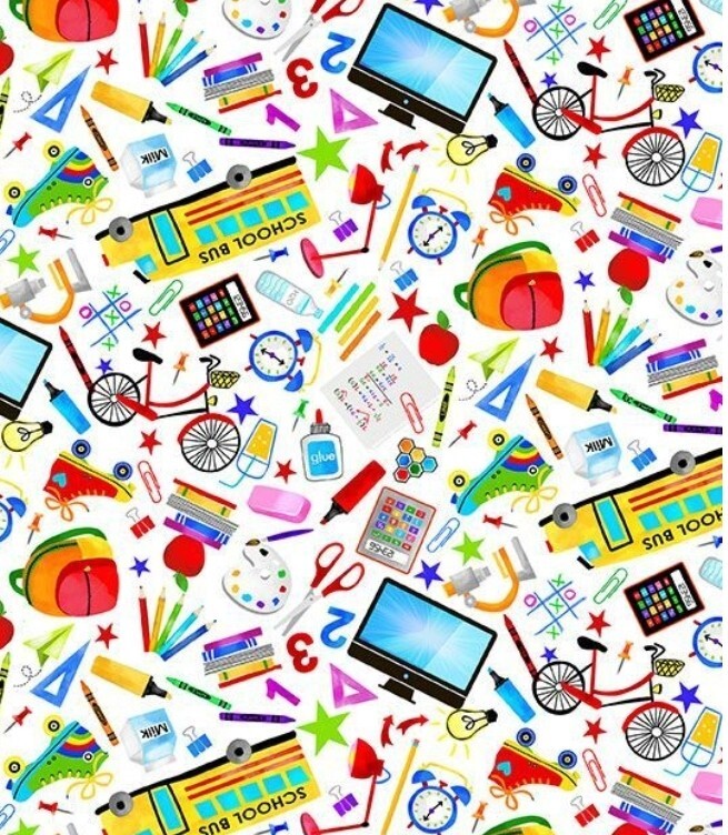 Back To School, Teacher, School Bus Fabric!Cotton•1 yd•BTY•White/Multi•FastShip!