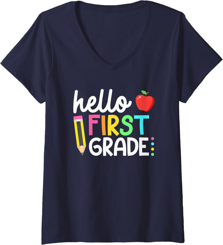 Hello First Grade Team 1st Grade Back to School Ladies' V-Neck Tshirt