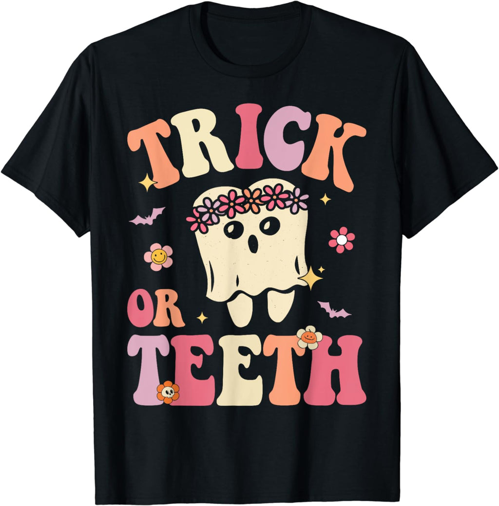 Trick Or Teeth Ghost Groovy Dental Halloween Treat Unisex T-Shirt
