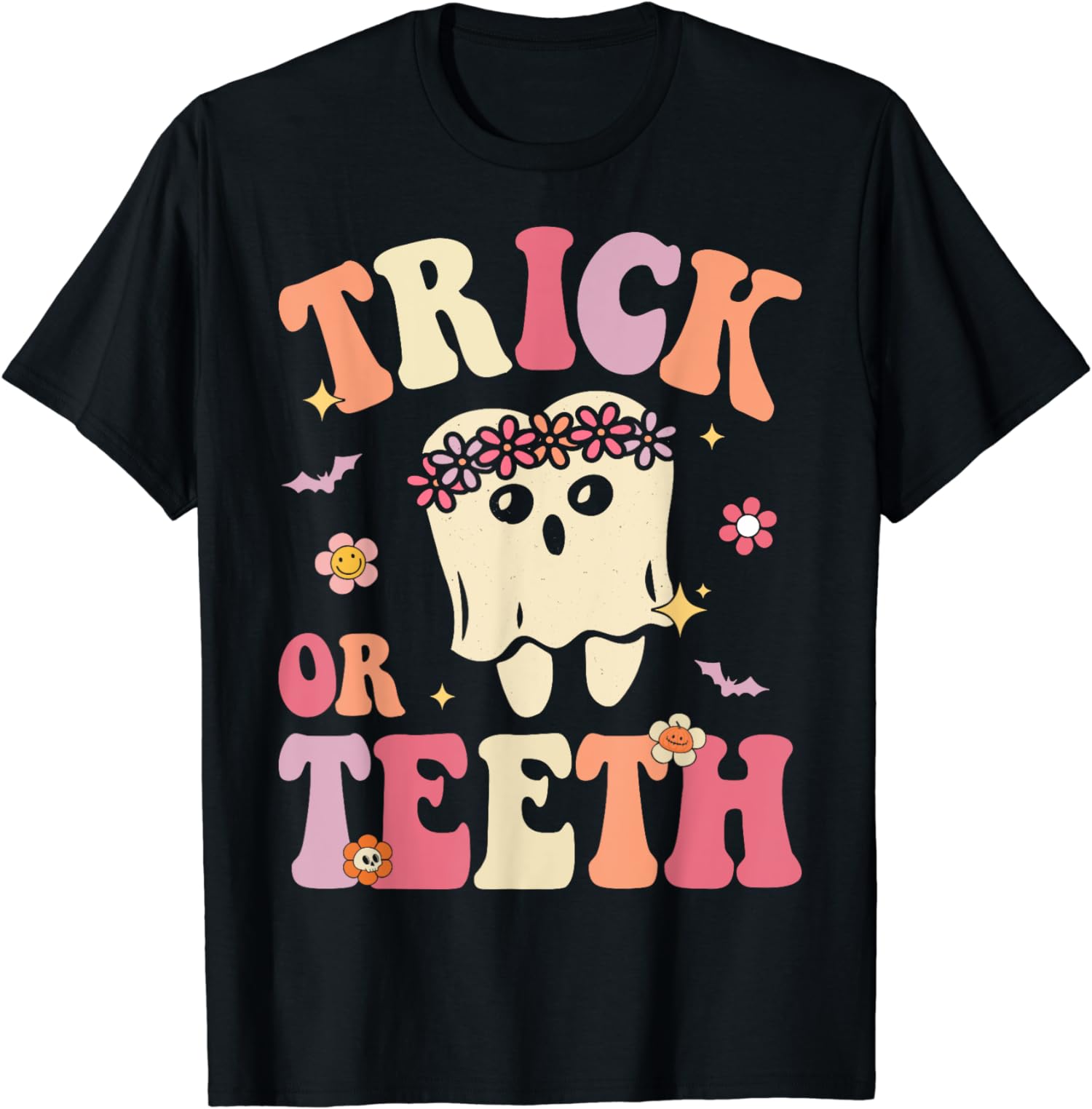 Trick Or Teeth Ghost Groovy Dental Halloween Treat Unisex T-Shirt