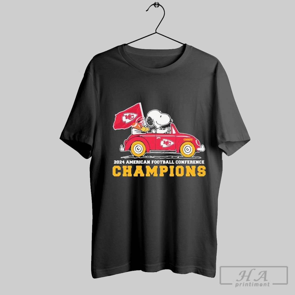 Snoopy And Woodstock Driving Car Kansas City Chiefs 2024 Nfc National Football Conference Champions T Shirt