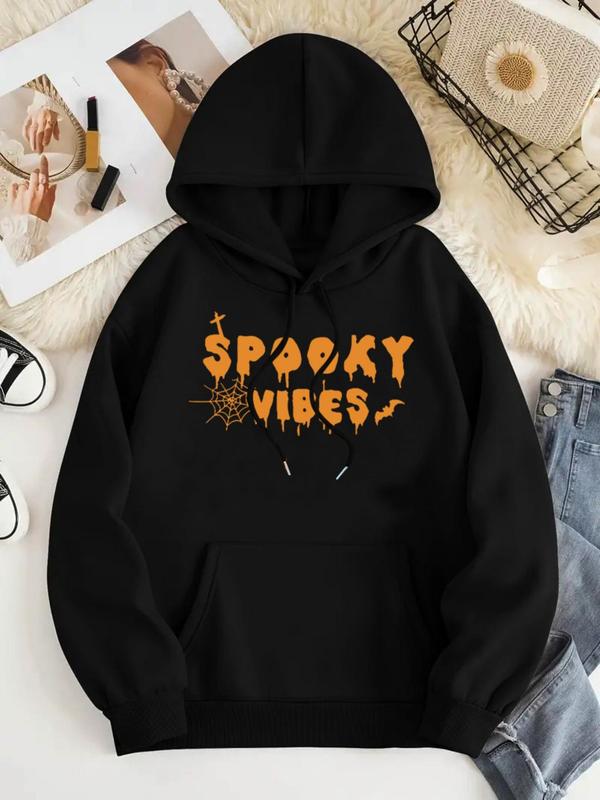 Women's Halloween Spider Web &amp; Letter Print Drop Shoulder Hoodie Best Gift For Seniors
