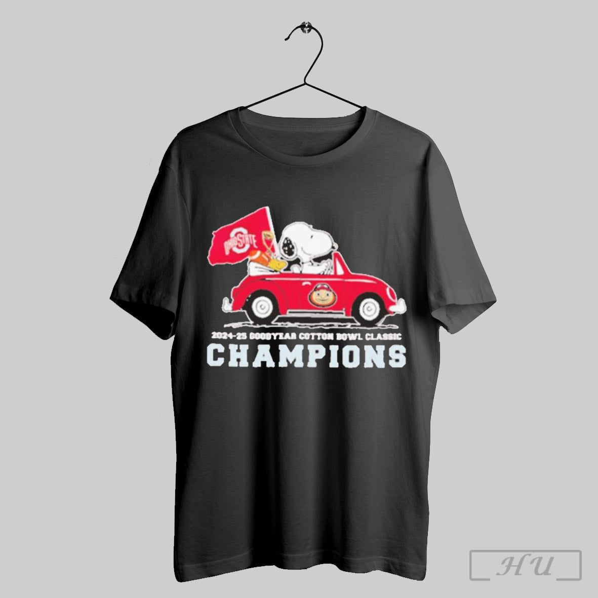 Official Snoopy And Woodstock Driving Car Ohio State Buckeyes 2025 Cotton Bowl Champions Shirt