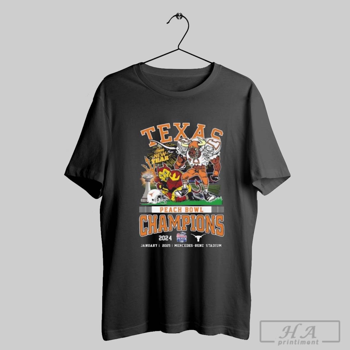 Official Texas Longhorns 2024 Peach Bowl Champions Mercedes Benz Stadium Mascot T Shirt