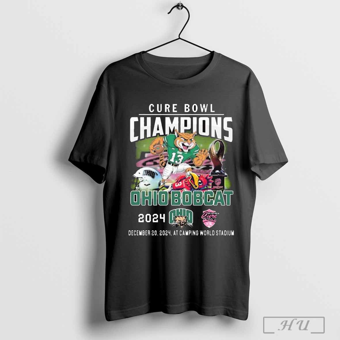 Ohio Bobcats Celebrating The Champions Of Cure Bowl 2024 Dec 20 2024 At Camping World Stadium Mascot T Shirt Sweatshirt Cutom Poster Coffee Mugs Ornam