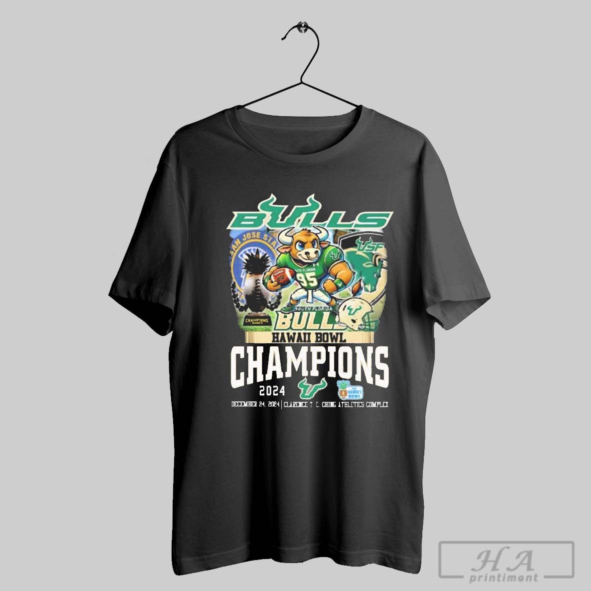 Official South Florida Bulls Football 2024 Hawaii Bowl Football Champions December 24 Clarence T C Ching Athletics Complex Mascot T Shirt