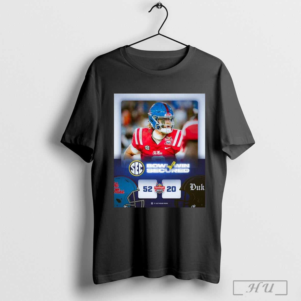 Poster Ole Miss Rebels Vs Duke Blue Devils 52 20 Score Taxslayer Gator Bowl Football Champions Bowl Football Win Secured T Shirt