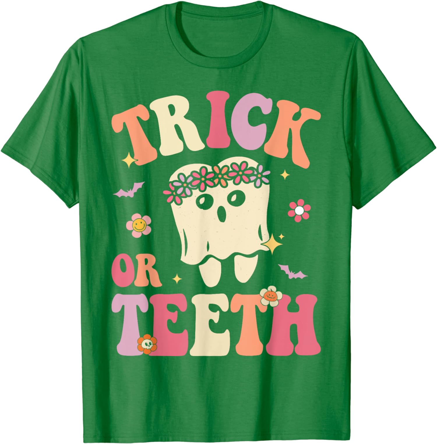 Trick Or Teeth Ghost Groovy Dental Halloween Treat Unisex T-Shirt