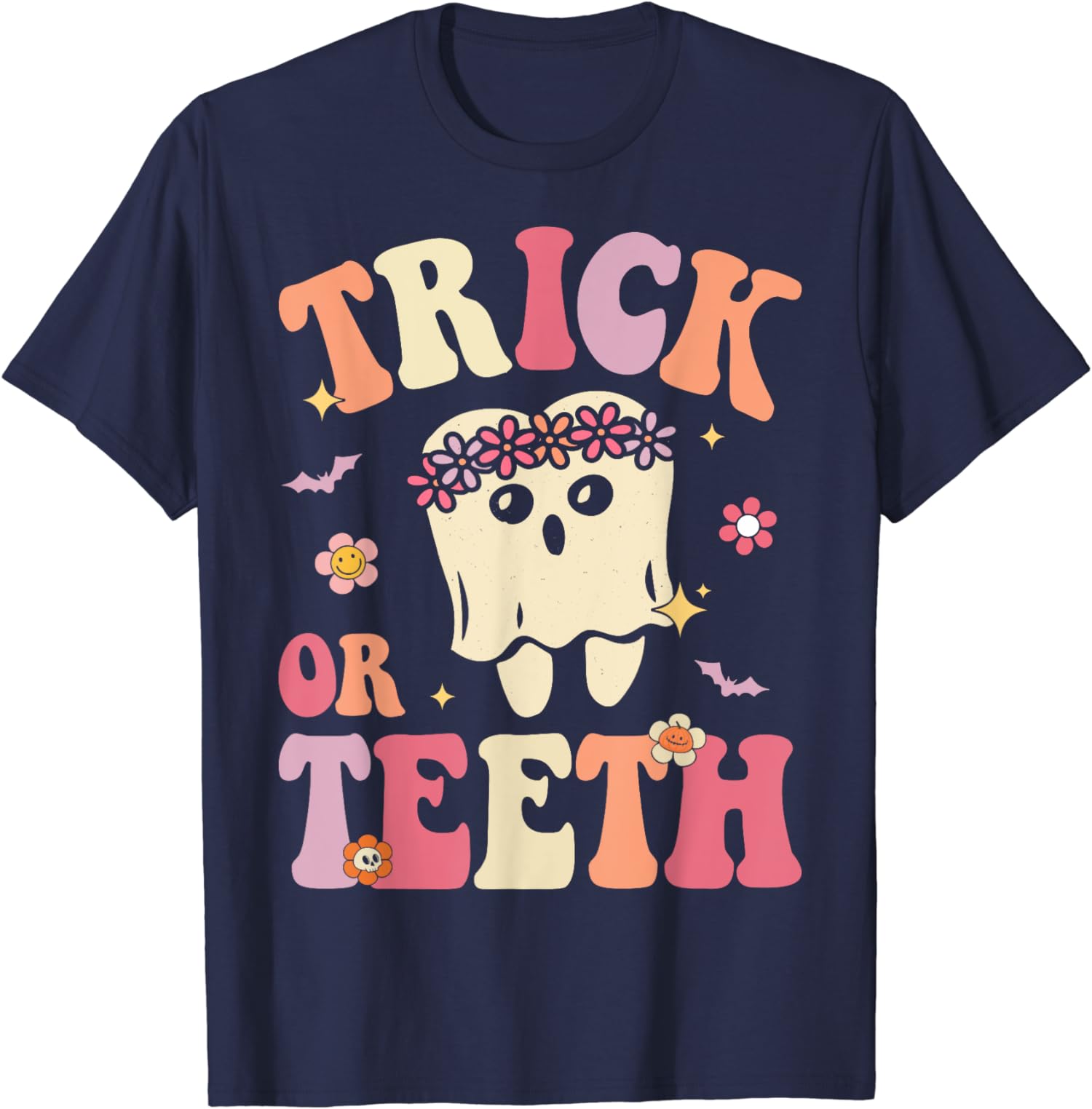 Trick Or Teeth Ghost Groovy Dental Halloween Treat Unisex T-Shirt