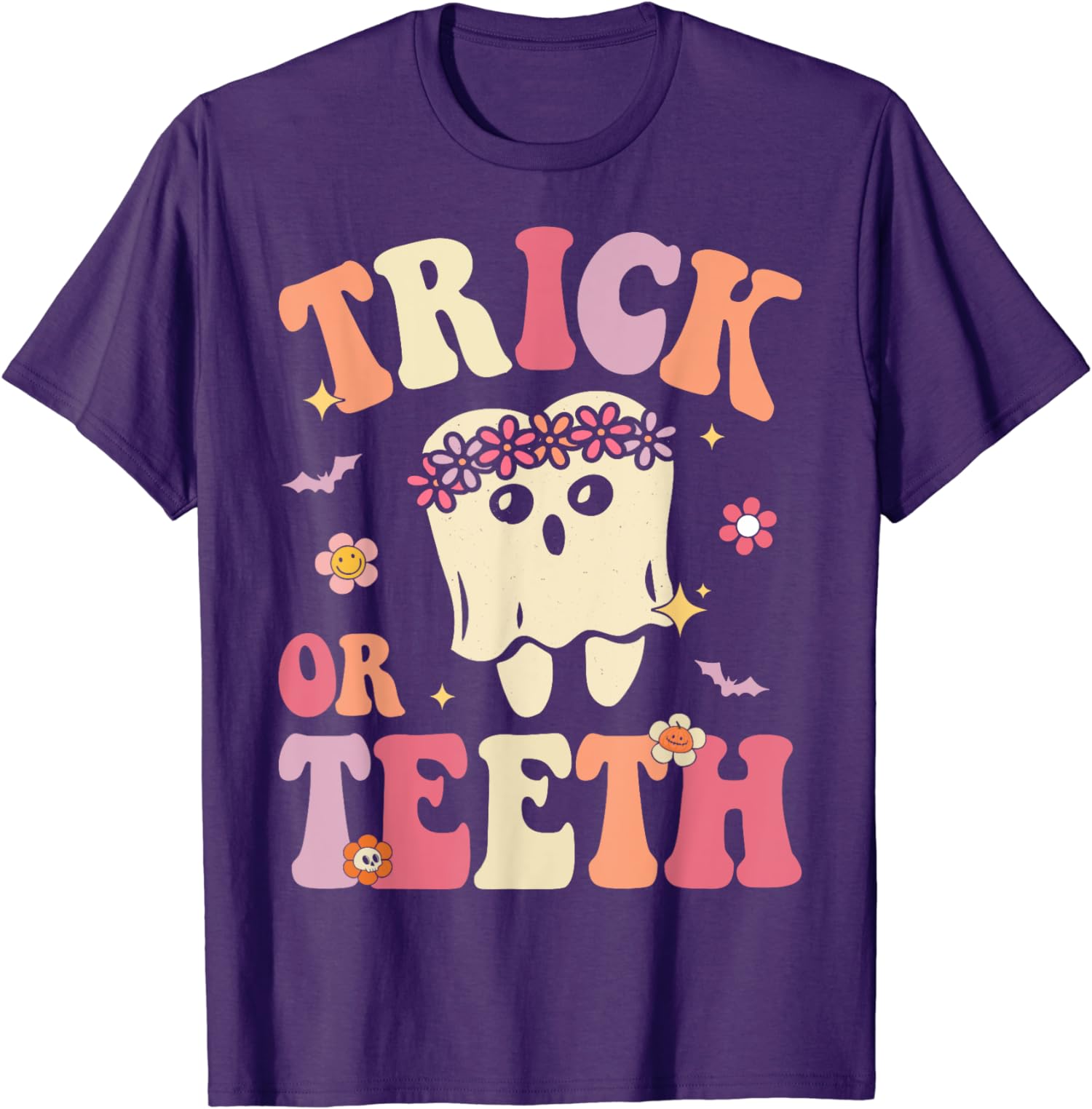 Trick Or Teeth Ghost Groovy Dental Halloween Treat Unisex T-Shirt