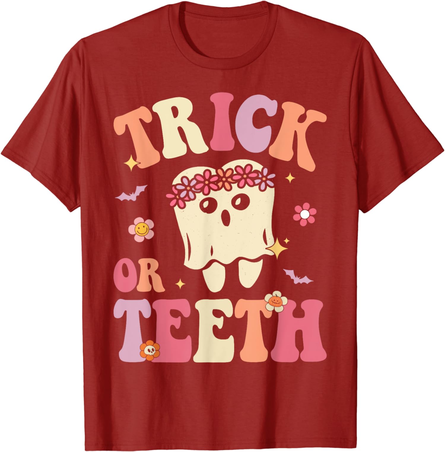 Trick Or Teeth Ghost Groovy Dental Halloween Treat Unisex T-Shirt