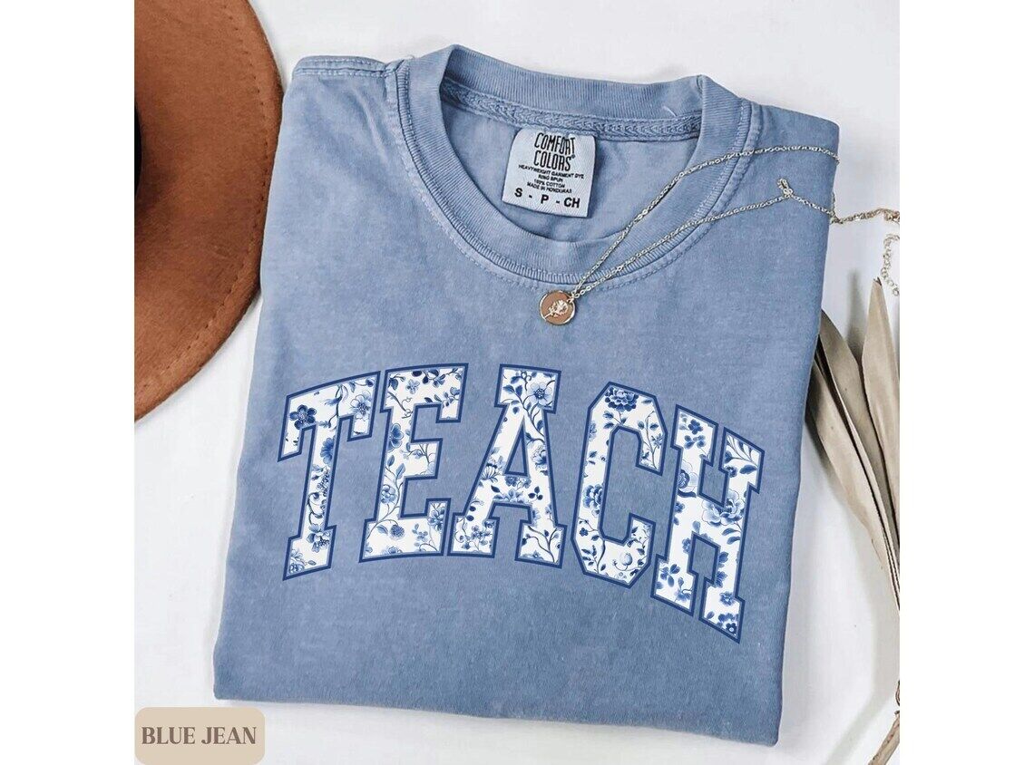 Floral Teacher Comfort Colors Shirt, Blue Toile Teacher Tee Back to School Gifts