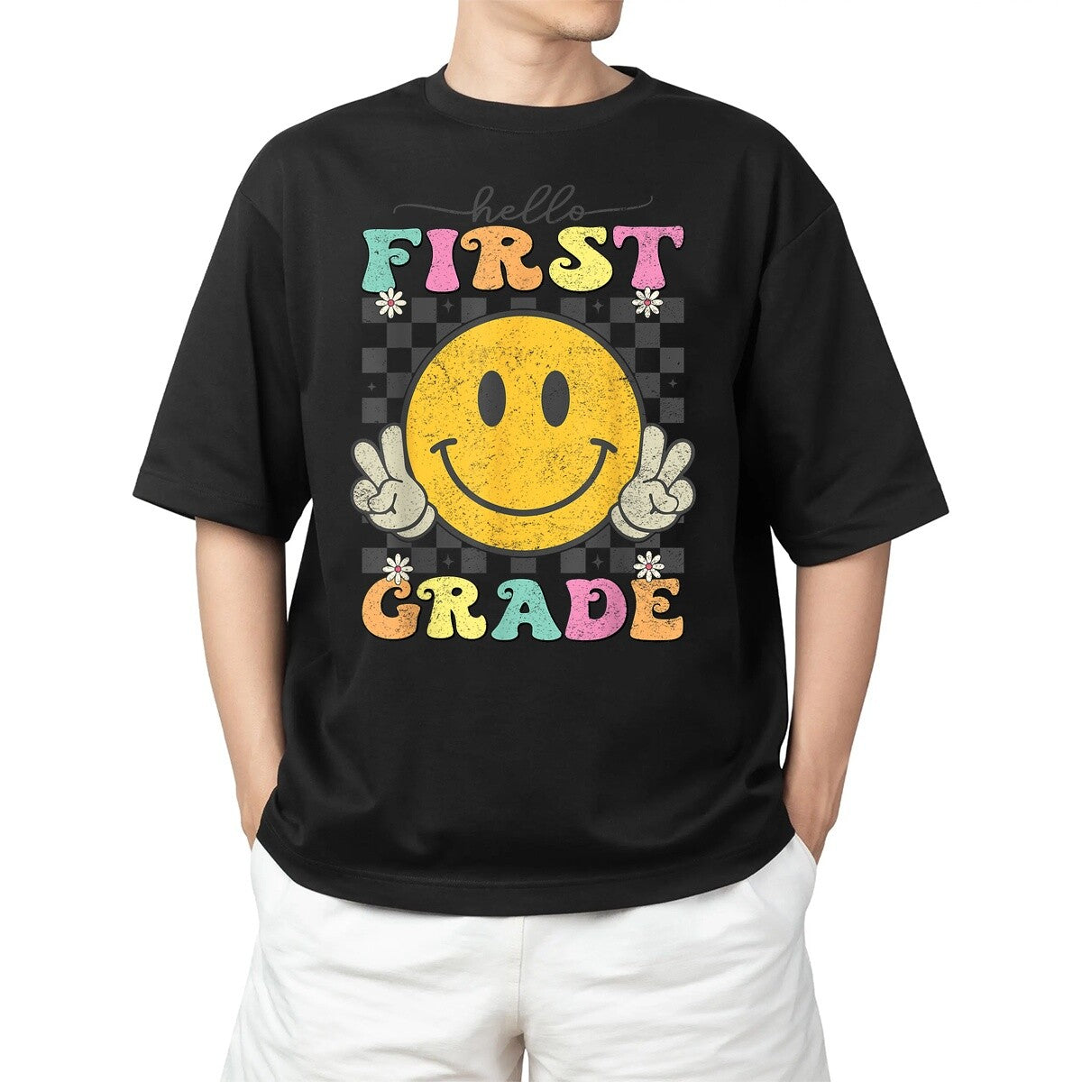 Team Back To School Hello First Grade Smile Face T-Shirt Vibe for Adults S-4XL