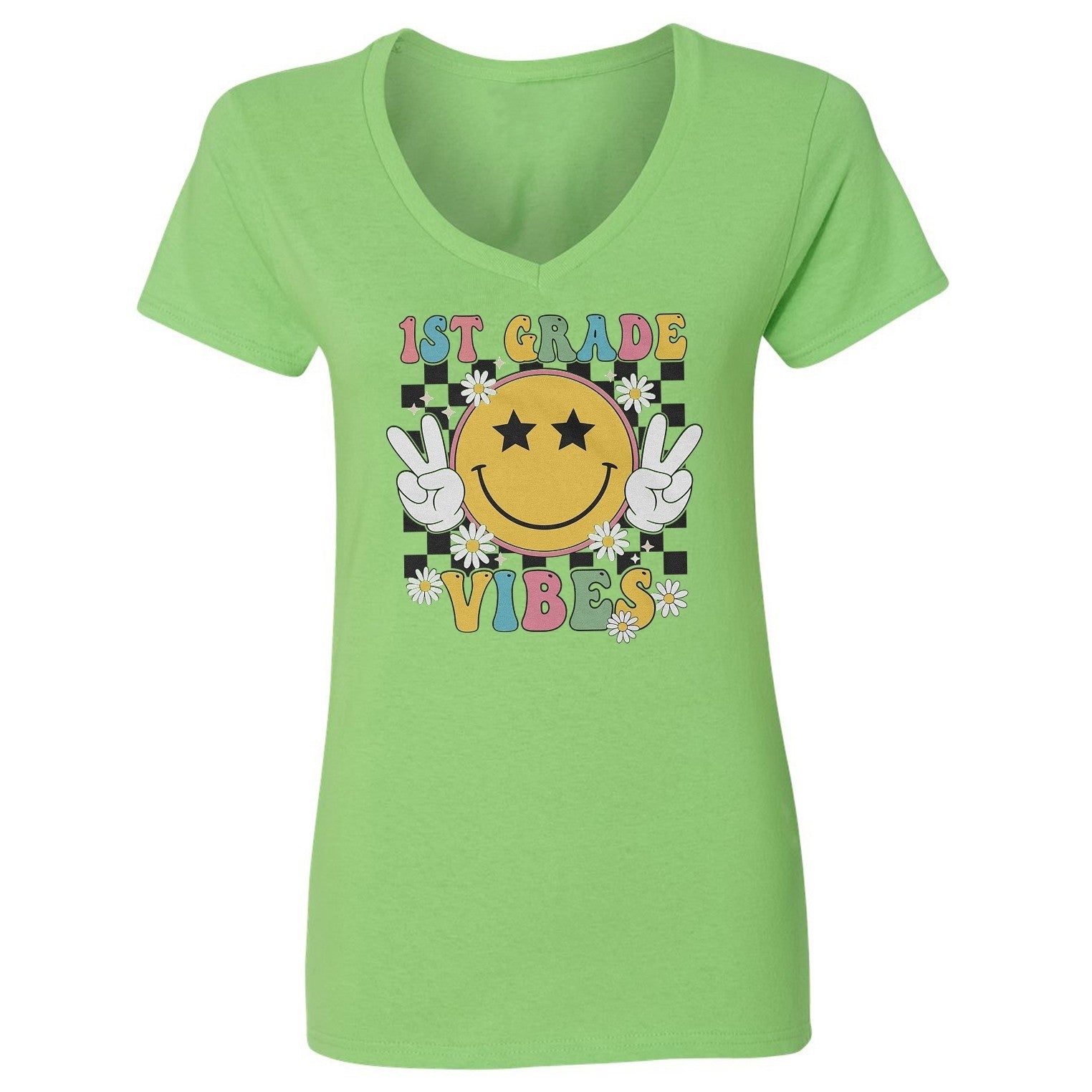 Back To School 1st Grade Vibes - Smile Face Retro Ladies' V-Neck Tshirt
