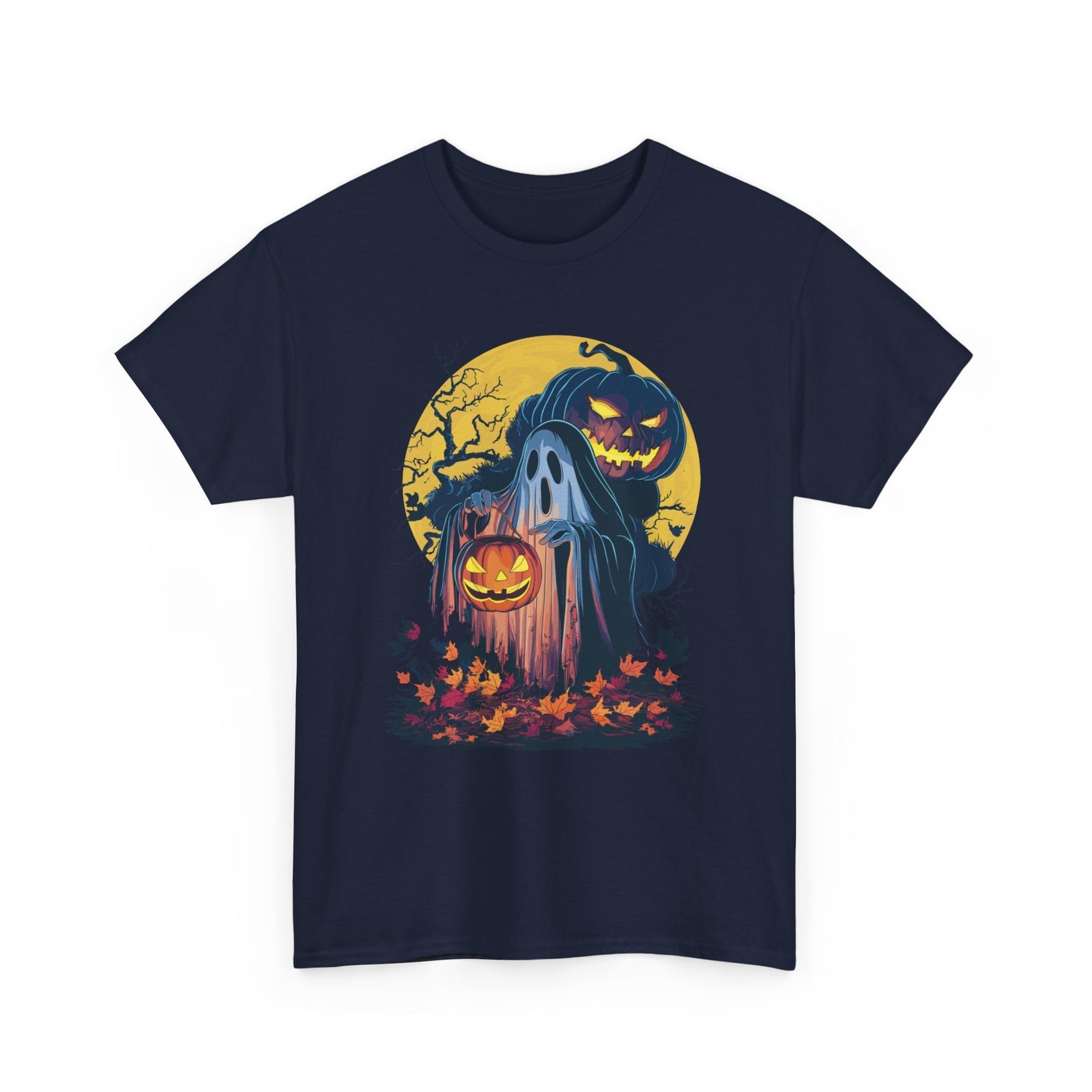 Autumn Leaves Pumpkin Halloween T-shirt - Artistic Holiday Ghost Graphic Tee