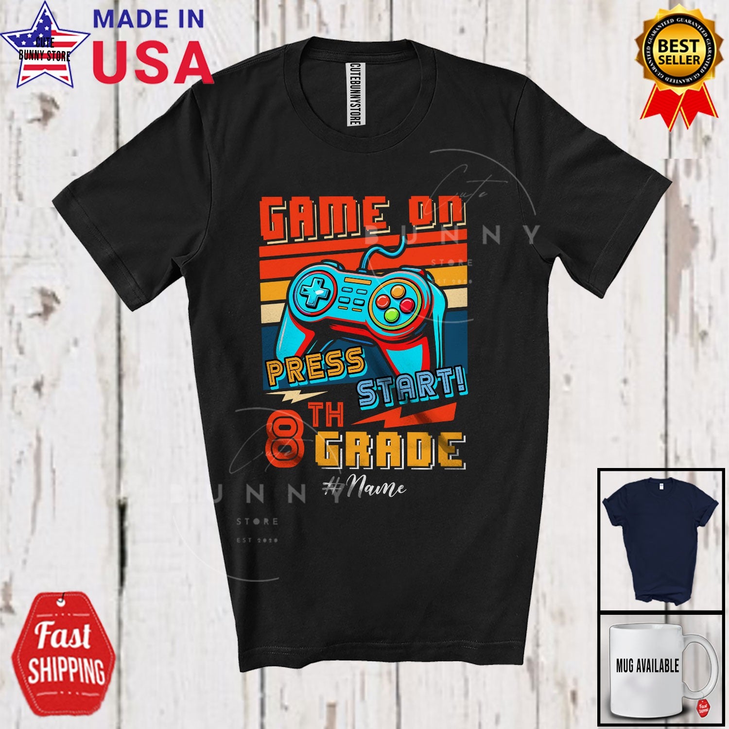 Vintage Retro Game Start 8th Grade; Back To School Custom Name Gamer T-Shirt
