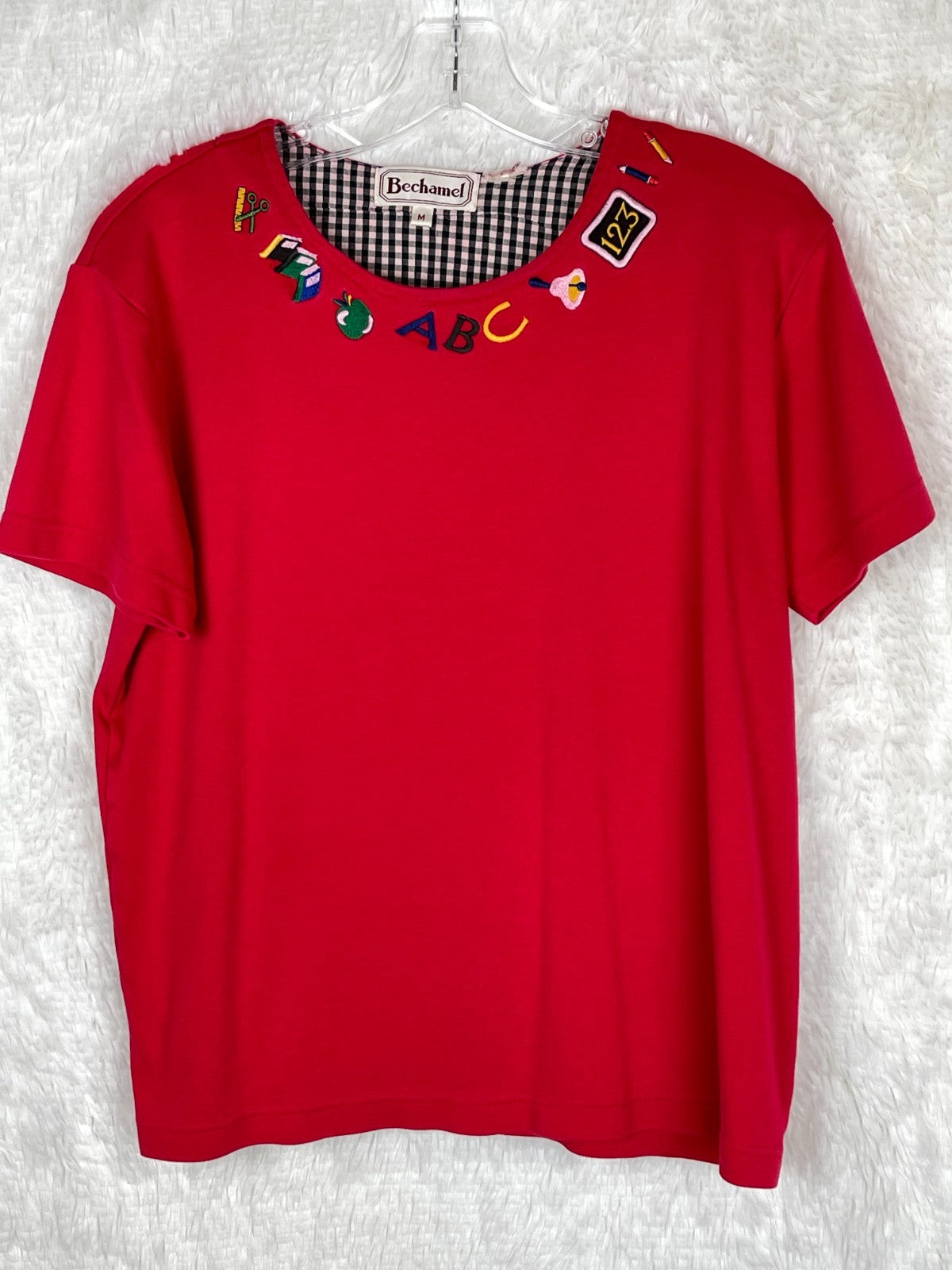 Bechamel Medium Short Sleeve Red Top Embroidered Neck Teacher Back To School