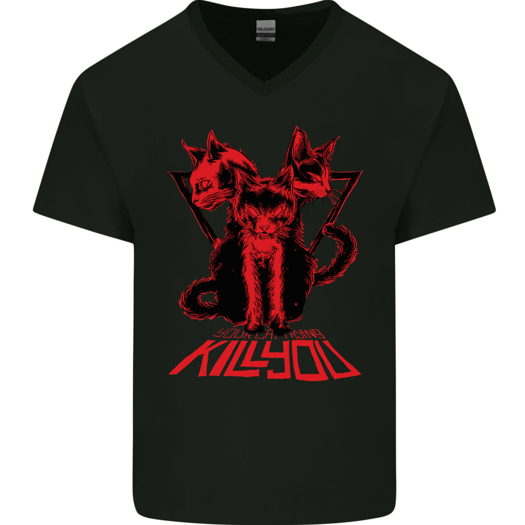 Demonic Cats Halloween Horror Witch Demons Mens V-Neck Cotton T-Shirt