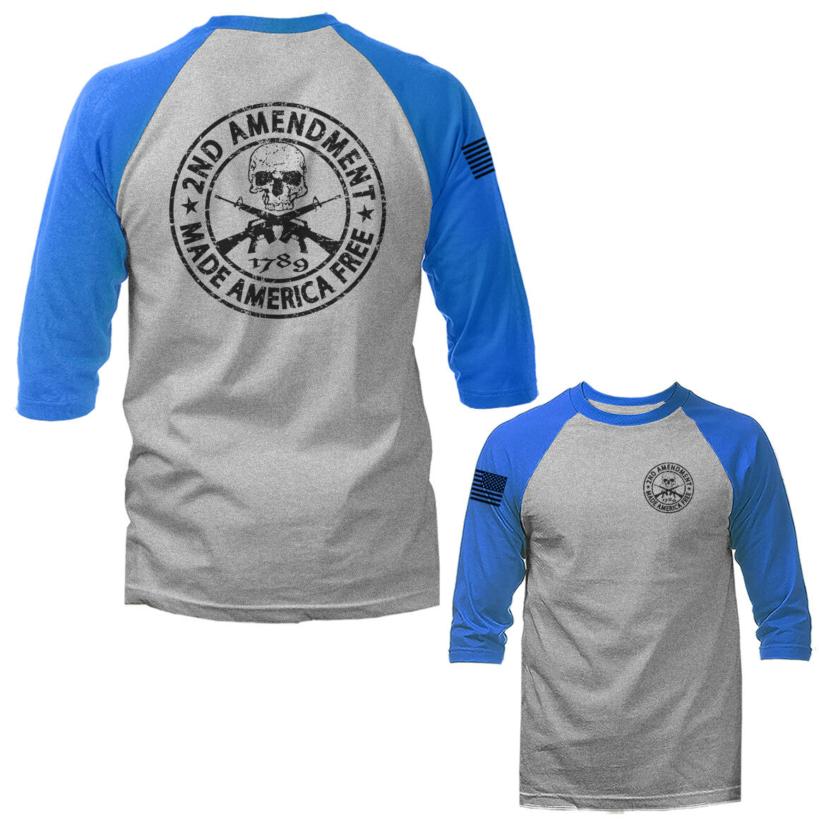2nd Amendment Made America Free Constitution Gun US Flag 3/4 Sleeve Raglan