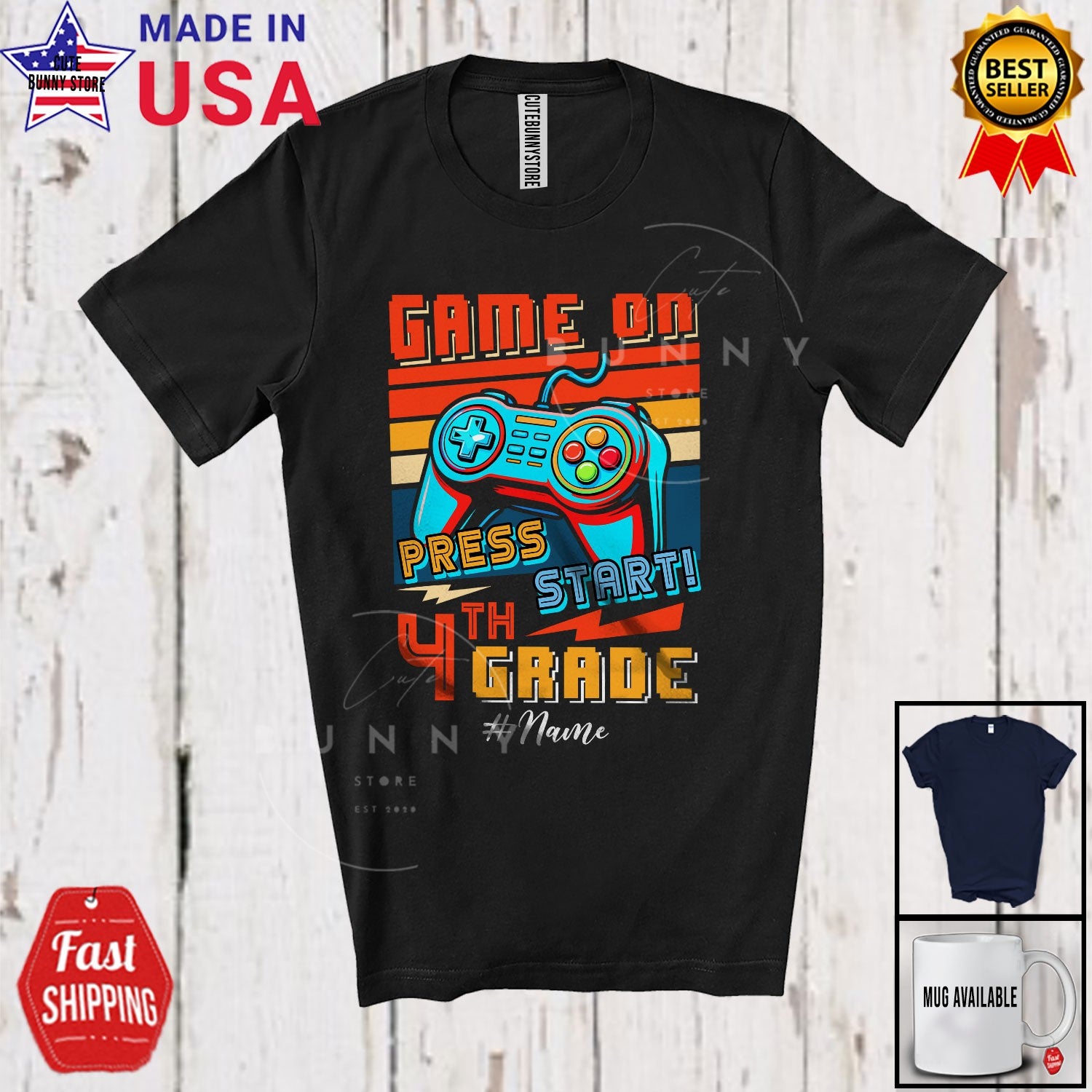 Vintage Retro Game Start 4th Grade; Back To School Custom Name Gamer T-Shirt