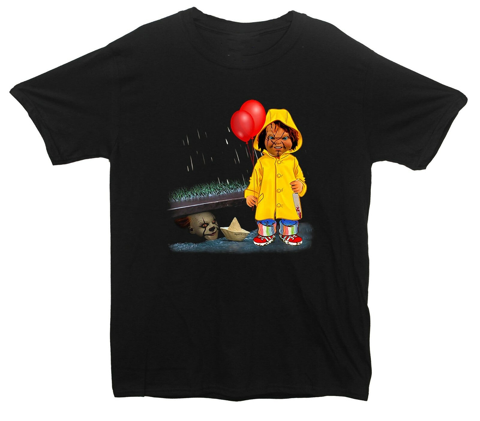 IT Mask & Chuckie Horror Halloween Printed T-Shirt (IT & Chuckie Inspired)
