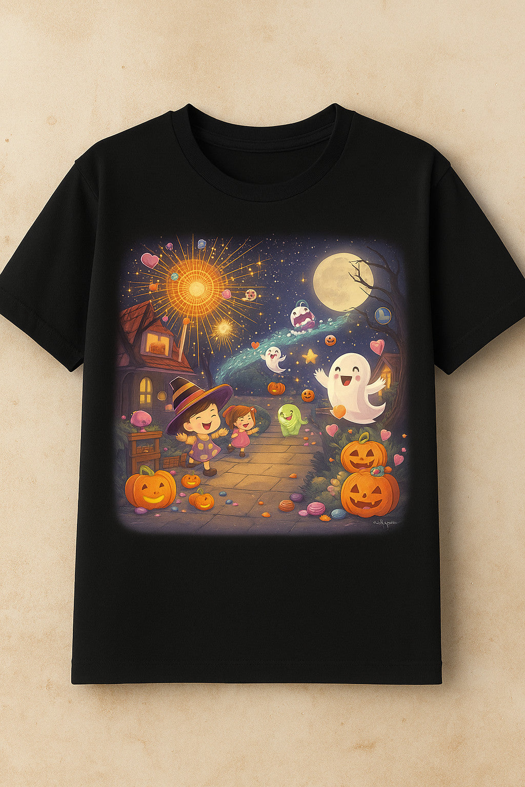 Cute Halloween Ghost Party T-Shirt – Trick-or-Treat Night Scene, Fireworks & Pum