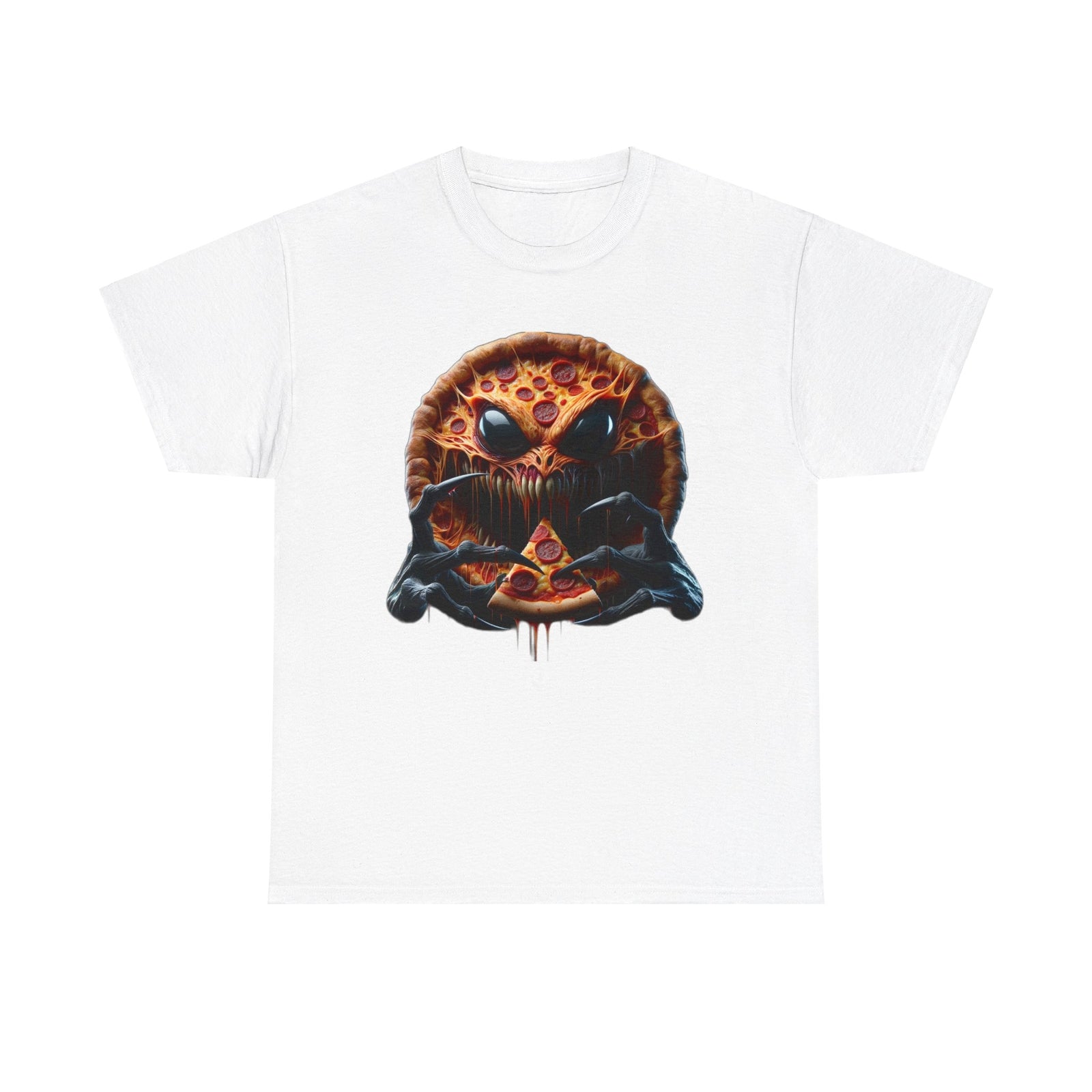 Unisex Adult T Shirt Horror Scary Pizza Eating Pizza Funny Food Lover Metal Tee