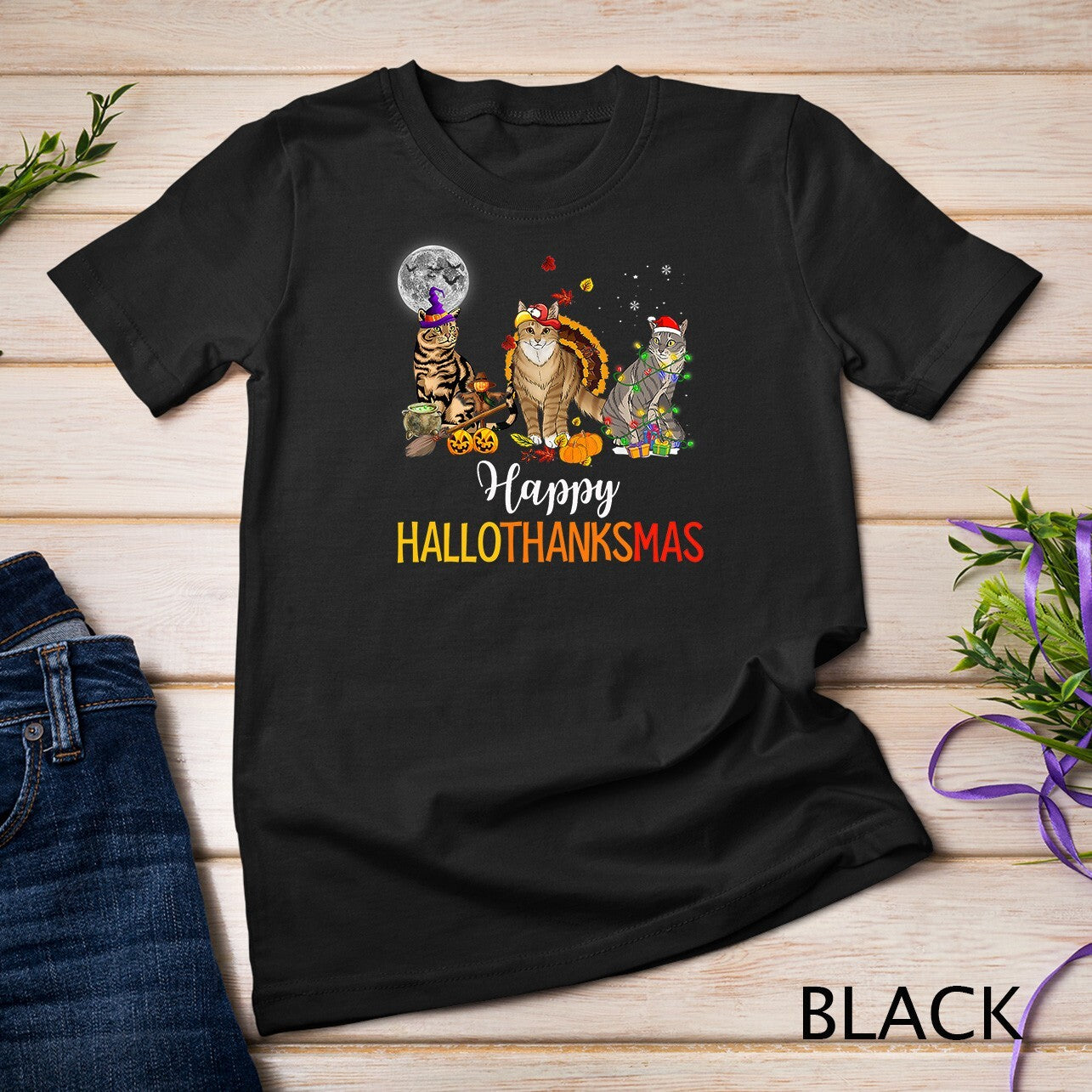 Cat Lover Halloween And Merry Christmas Happy Hallothanksmas Unisex T-shirt