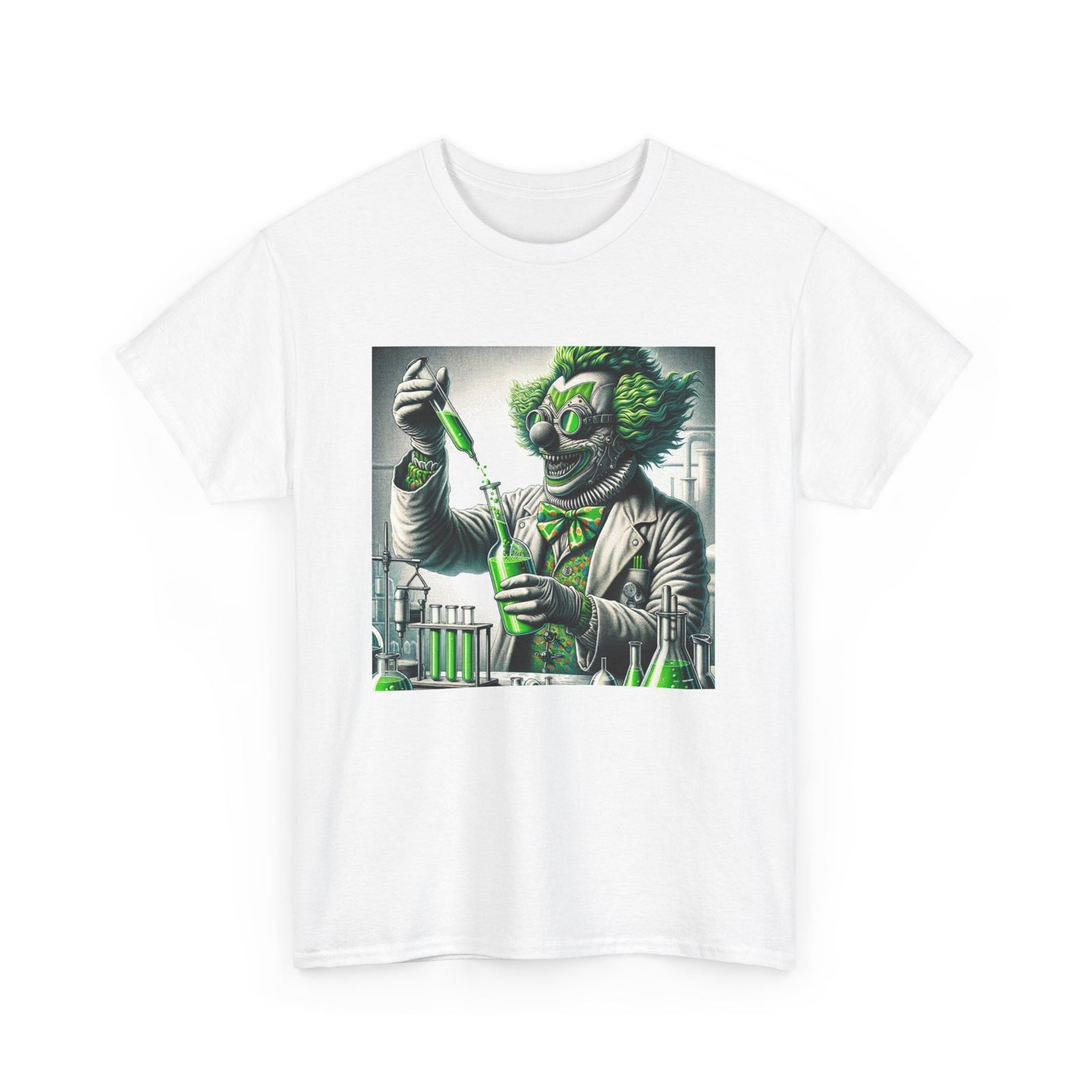Unisex Adult T Shirt Scary Horror Clown Mad Scientist Green Potion Fear Inducing