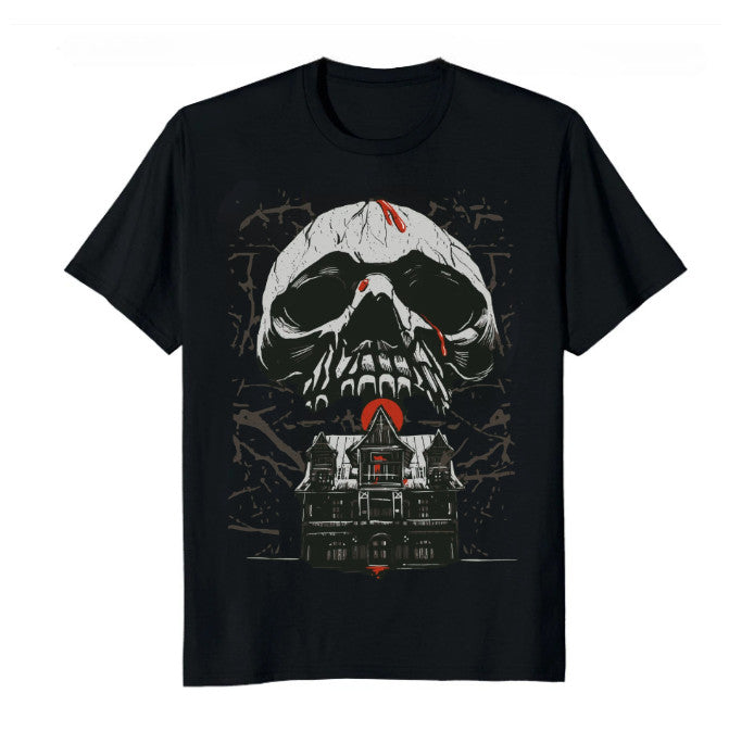 Haunted House Skull Spooky Horror Halloween Graphic T-Shirt