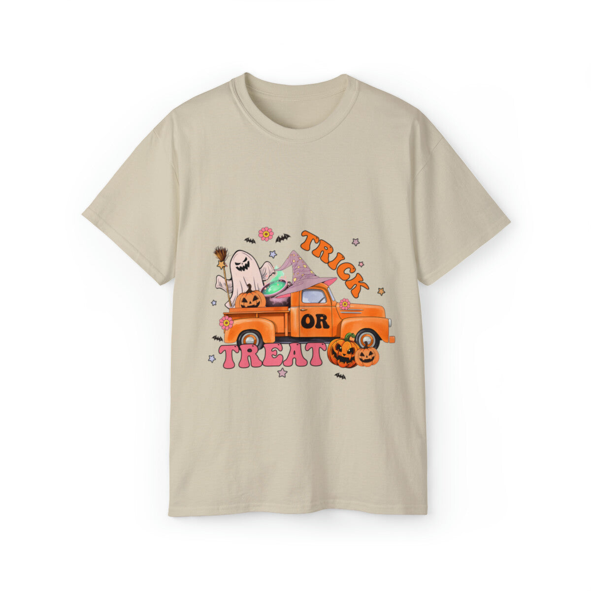 halloween retro  trick or treat truck t shirt men and women Unisex  Cotton Tee