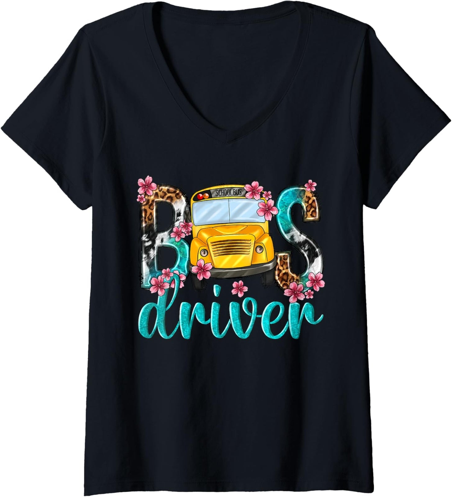 Floral Leopard Bus Driver Back To School Cute Present Ladies' V-Neck Tshirt