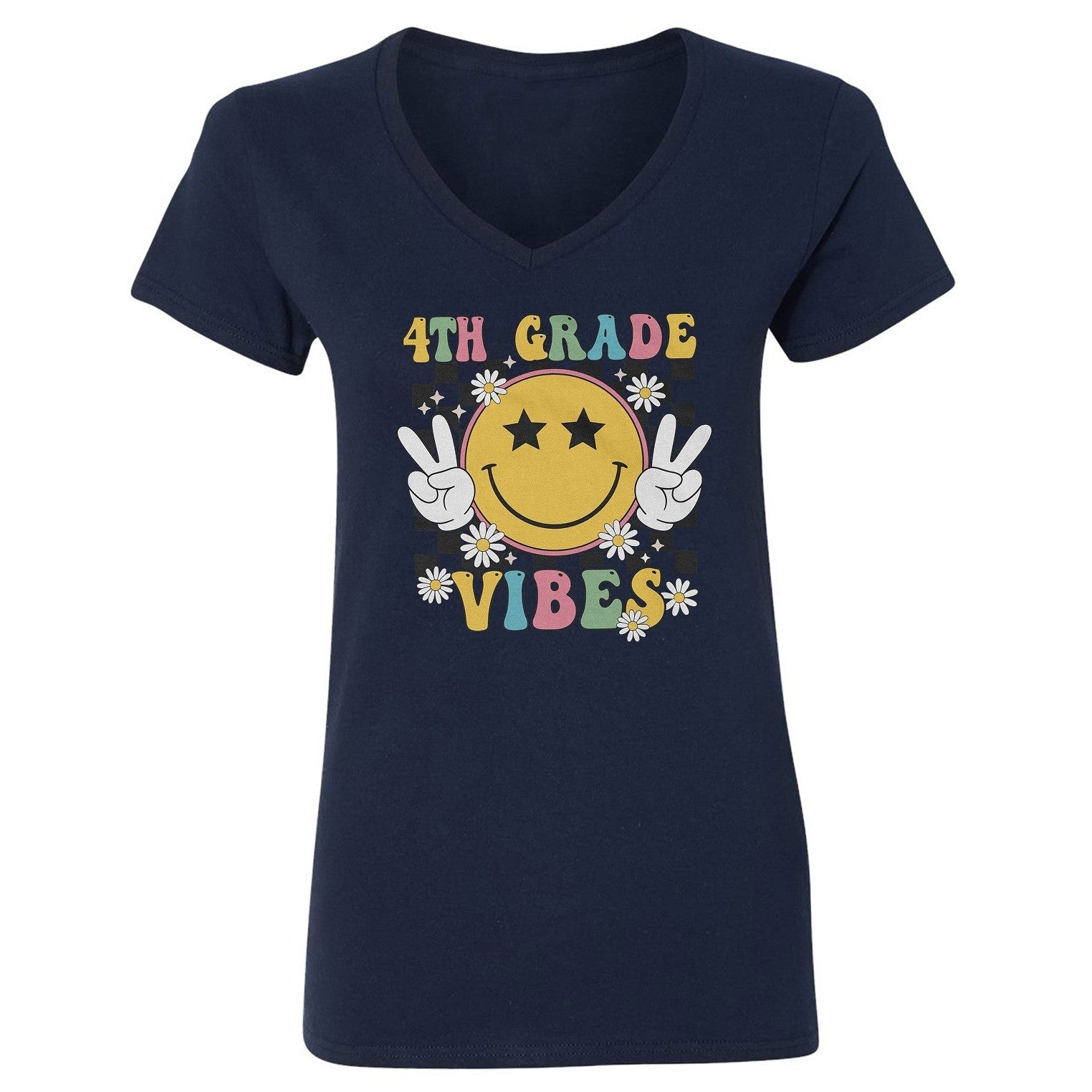 Back To School 4th Grade Vibes - Smile Face Retro Ladies' V-Neck Tshirt