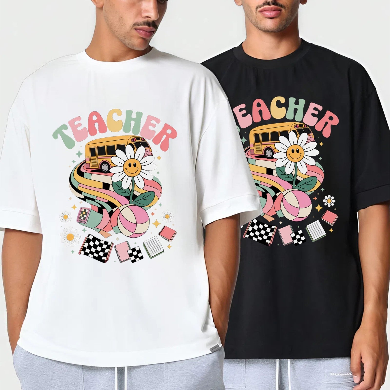 Retro Teacher Shirt – Back to School Smiley Daisy & Bus Groovy Tee
