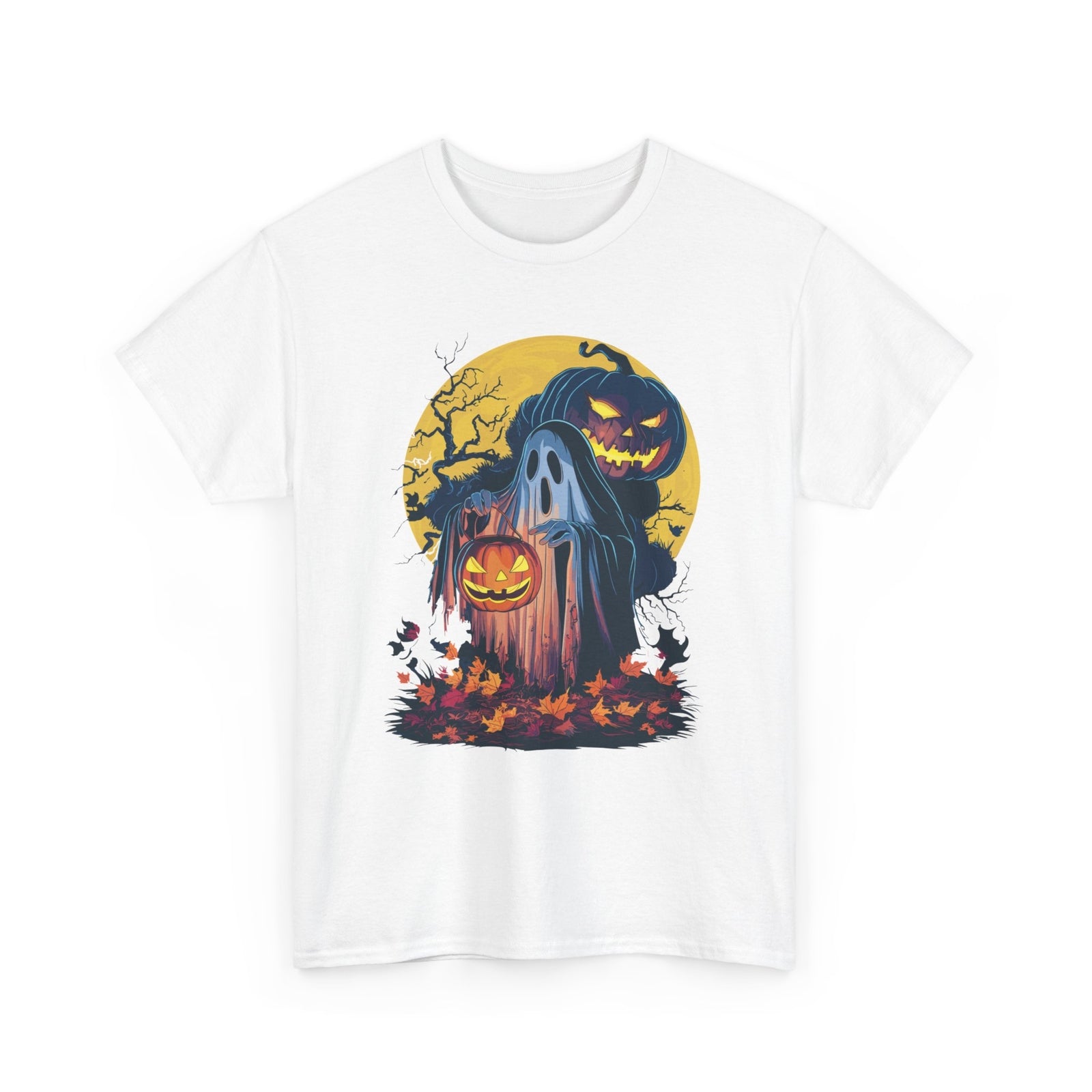 Autumn Leaves Pumpkin Halloween T-shirt - Artistic Holiday Ghost Graphic Tee