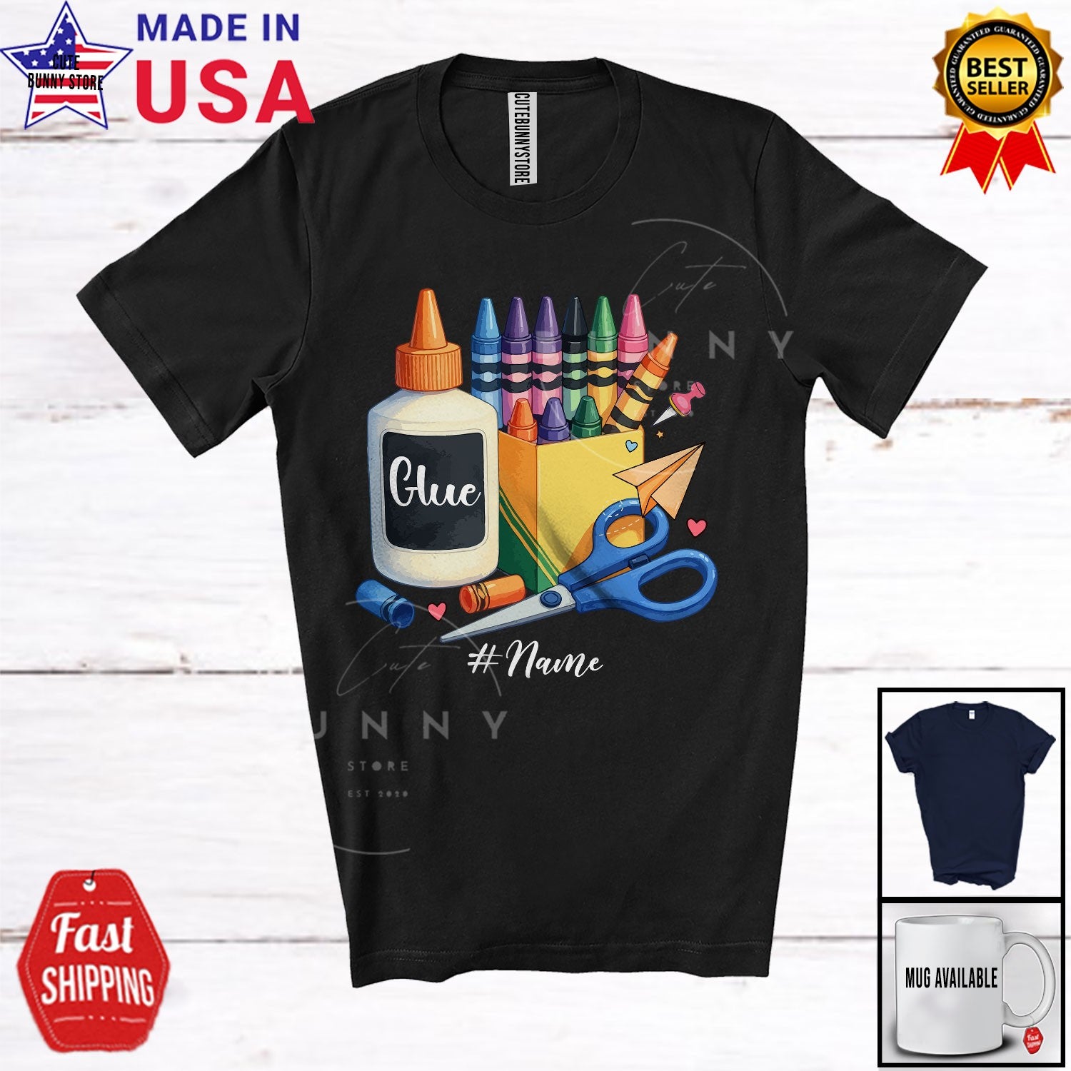Back To School Collection Art; Glue Crayon; Custom Name Students Teacher T-Shirt