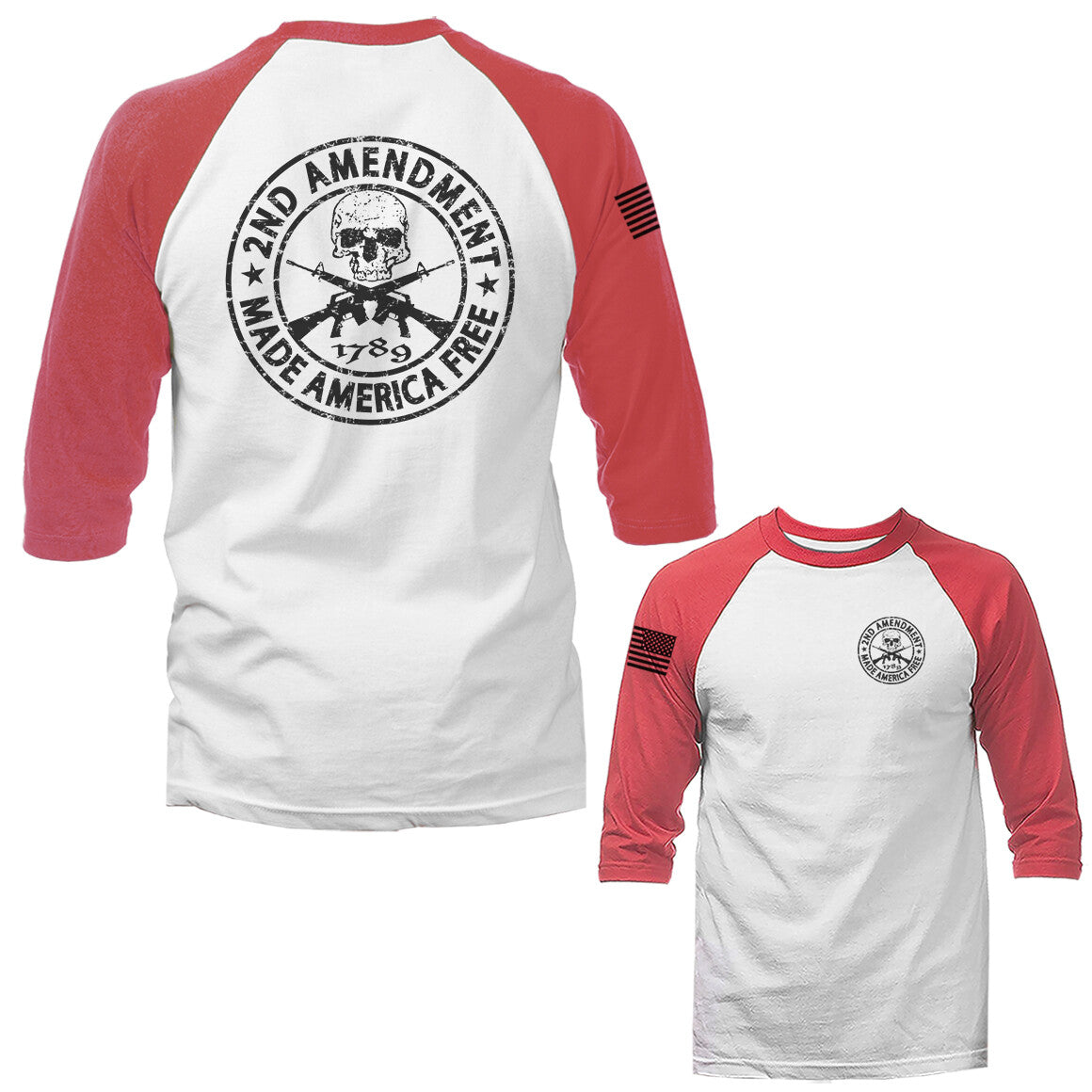2nd Amendment Made America Free Constitution Gun US Flag 3/4 Sleeve Raglan