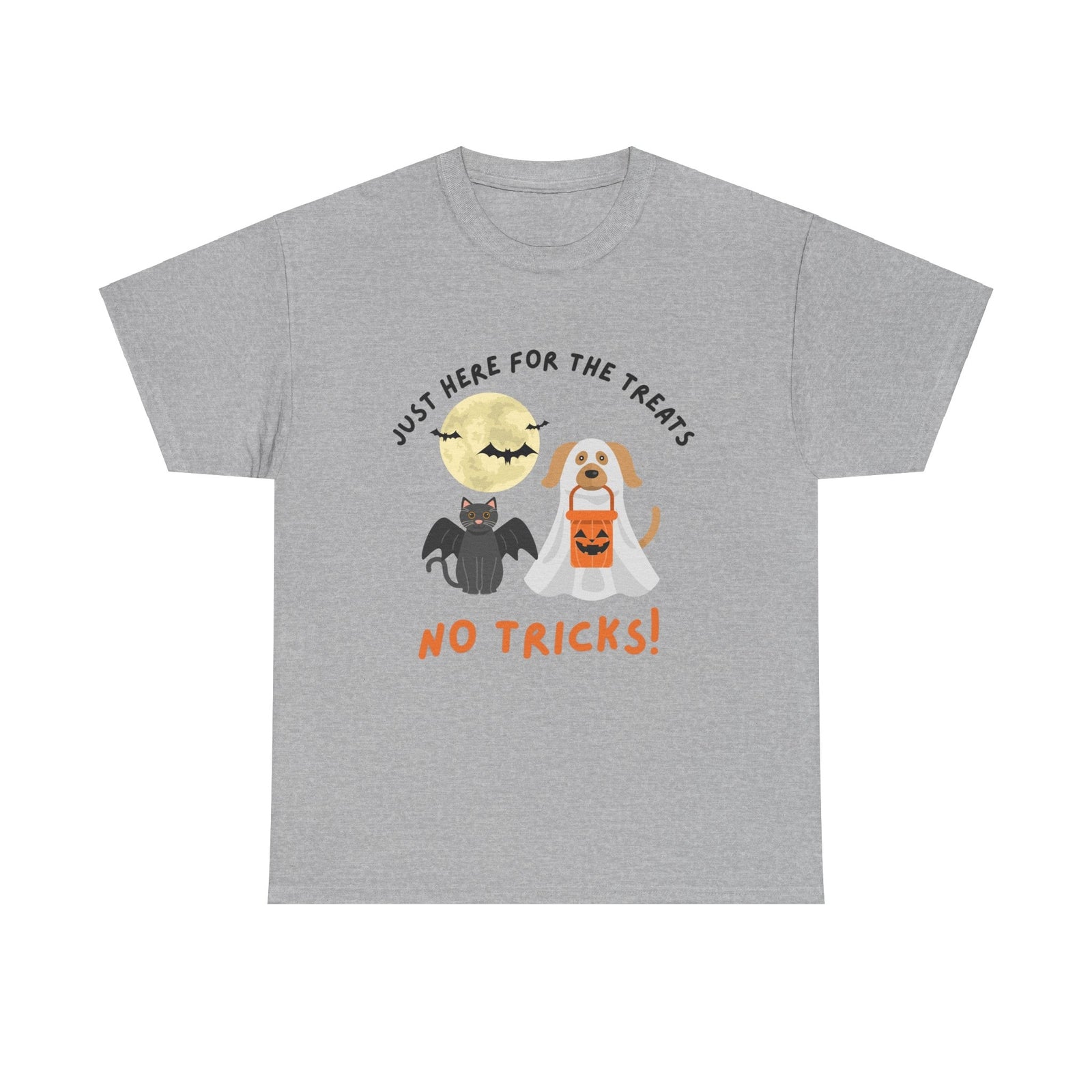 Halloween Adult Tee Shirt, Unisex, Trick or Treat Dog Cat Moon Bats 