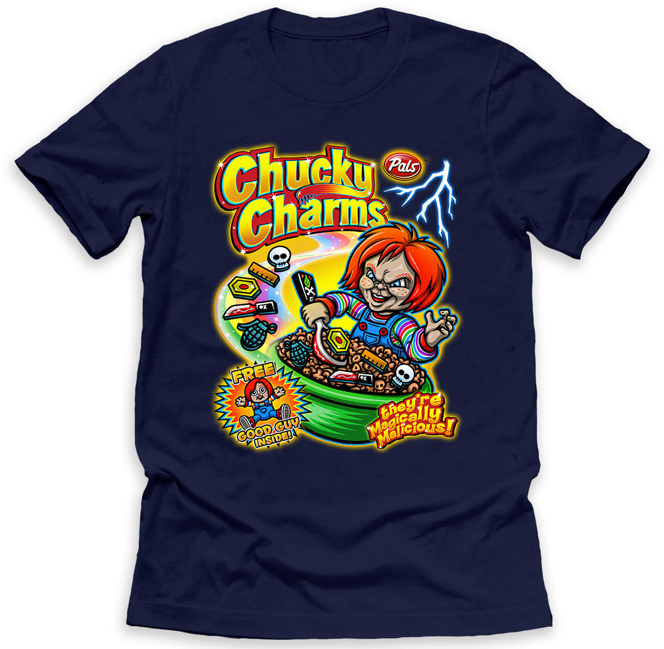 Chucky Charms T-Shirt Halloween Funny Cereal Parody on Ring Spun Cotton Tee