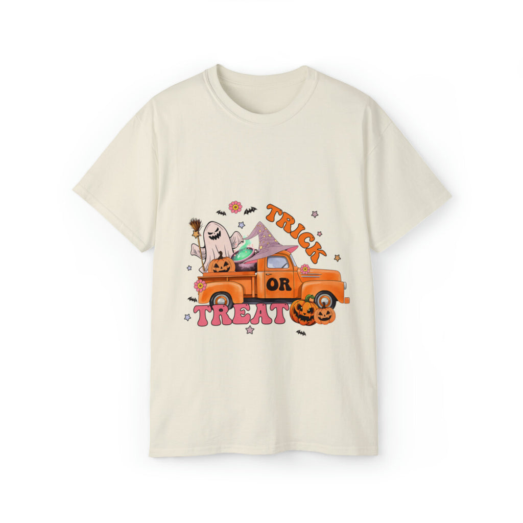 halloween retro  trick or treat truck t shirt men and women Unisex  Cotton Tee