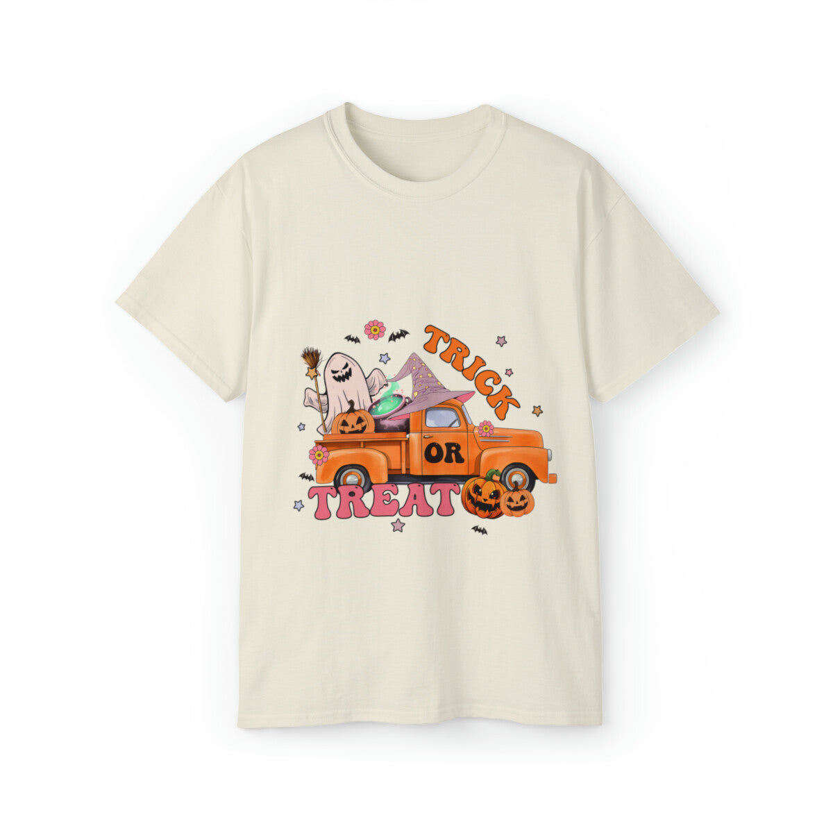 halloween retro  trick or treat truck t shirt men and women Unisex  Cotton Tee