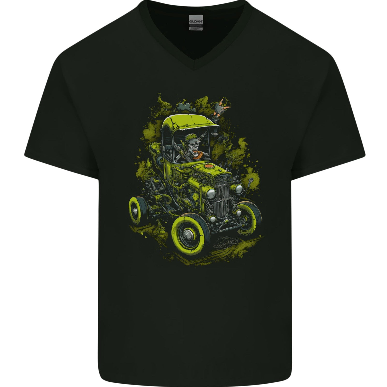 Zombie Hot Rod Halloween Horror Mens V-Neck Cotton T-Shirt