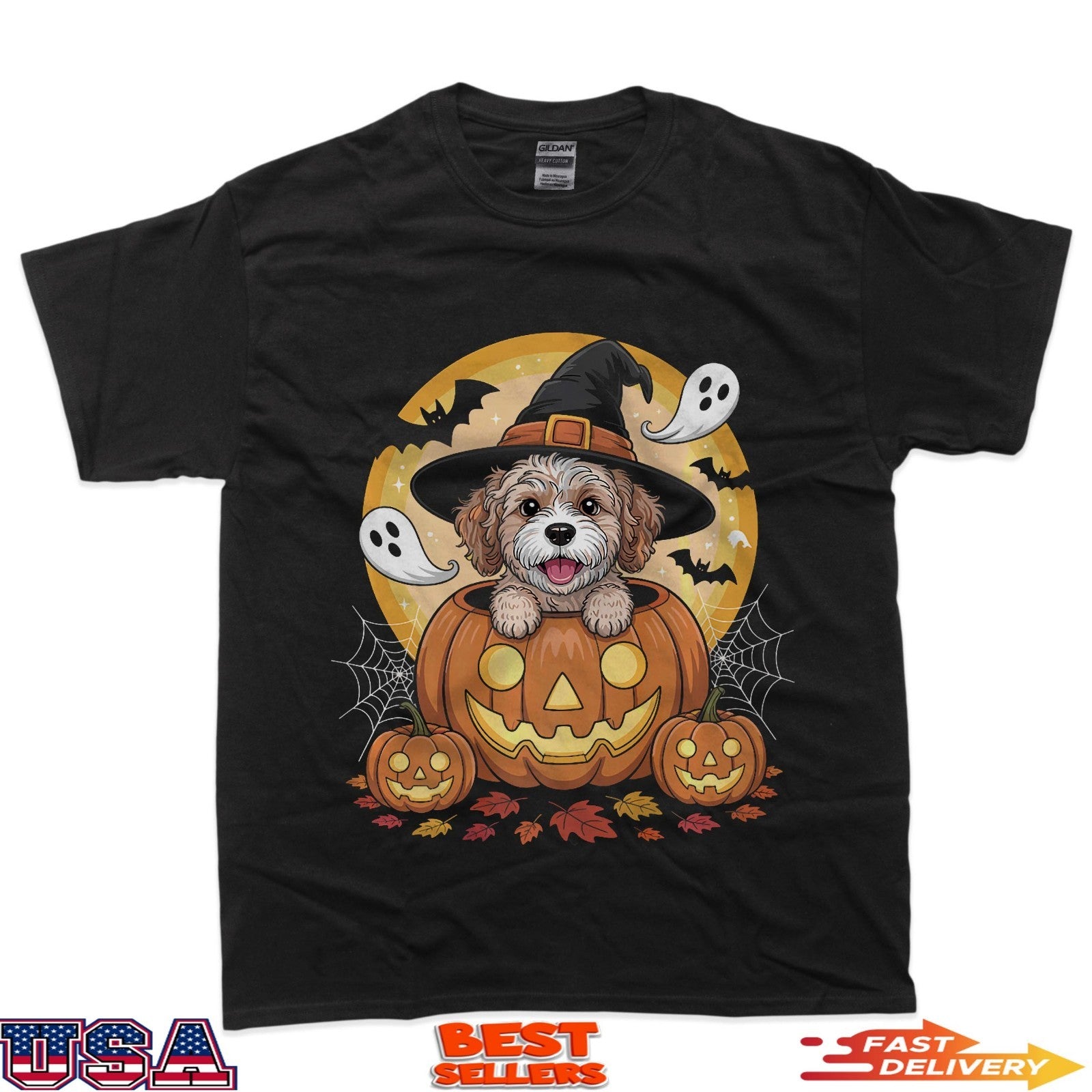 Cute Goldendoodle Pumpkin Witch Halloween Funny Dog Lover T-Shirt