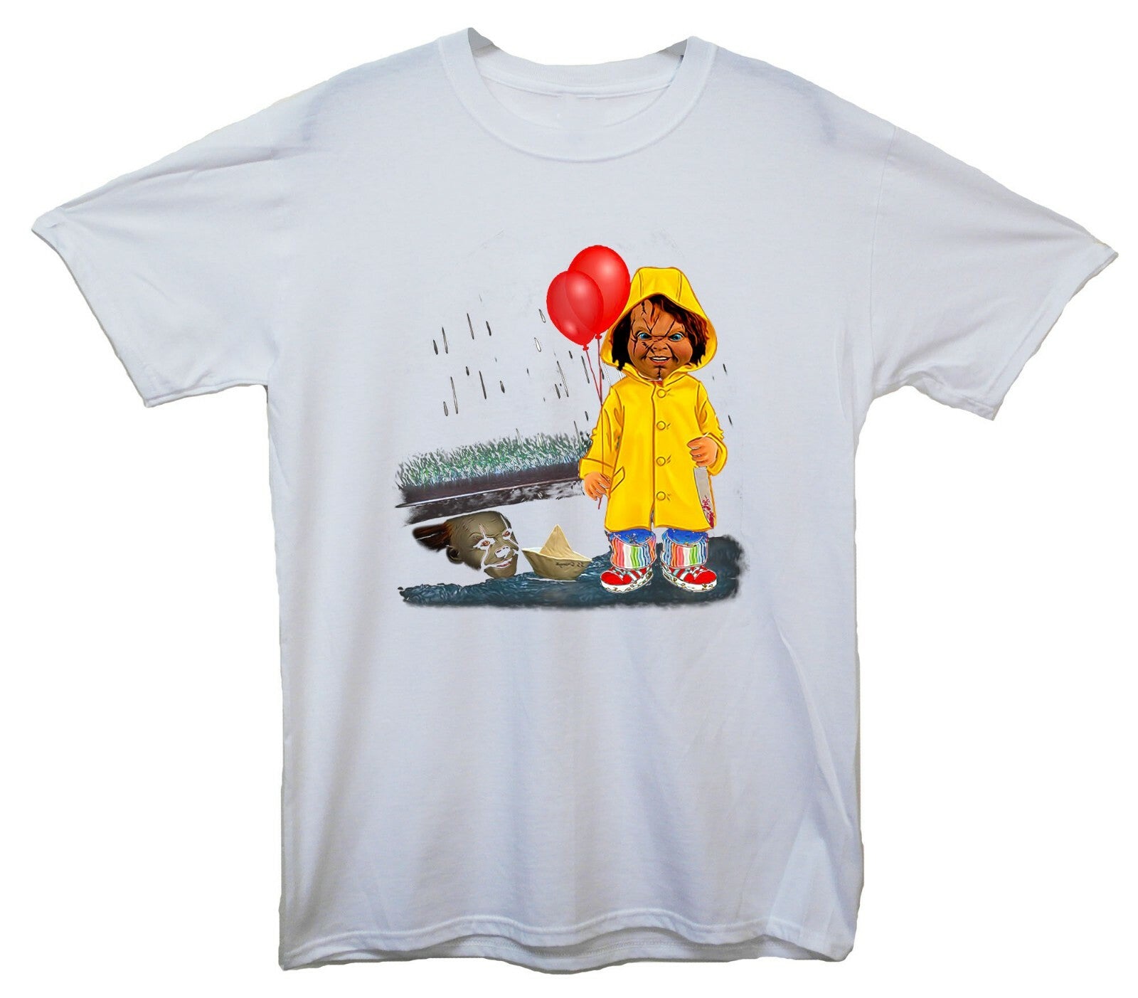 IT Mask & Chuckie Horror Halloween Printed T-Shirt (IT & Chuckie Inspired)