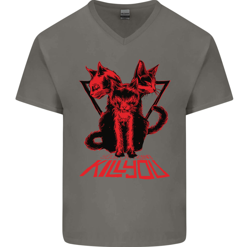 Demonic Cats Halloween Horror Witch Demons Mens V-Neck Cotton T-Shirt