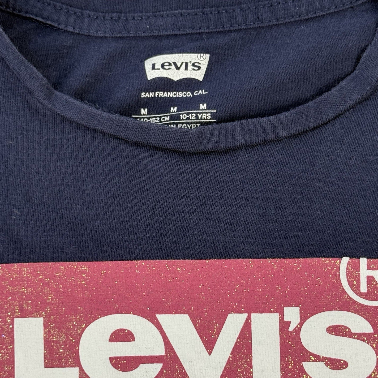 Levi’s Girls M Blue Tshirt Glitter Batwing Logo Graphic Crewneck Back To School